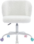 White Faux Fur Vanity Chair, Adjustable Swivel Home Office Chair with Colorful Wheels and Metal Base, Cute Makeup Chair for Women, Teens & Girls(White)