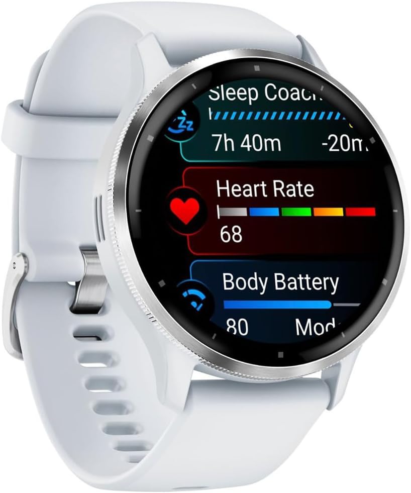 Garmin Venu 3 Silver Stainless Steel Bezel 1.4-Inch AMOLED Touchscreen Smartwatch with 45mm Whitestone Case and Silicone Band Bundle with Deco Essentials Charging Dock, Dust Covers and USB-C Cable