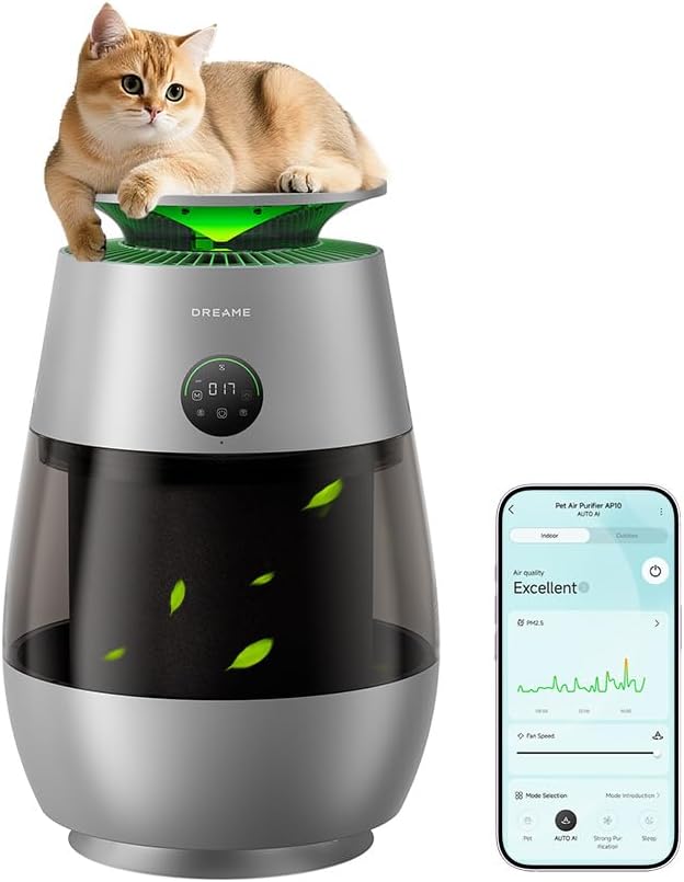 Dreame Pet Air Purifier AP10, Suck Up Floating Cat Dog Hair Dander, NeverChange 5.4-Year Filters for Odor Purification, 1346 ft² for Home Large Room, Pet-Friendly Design, APP & Voice Control, Grey