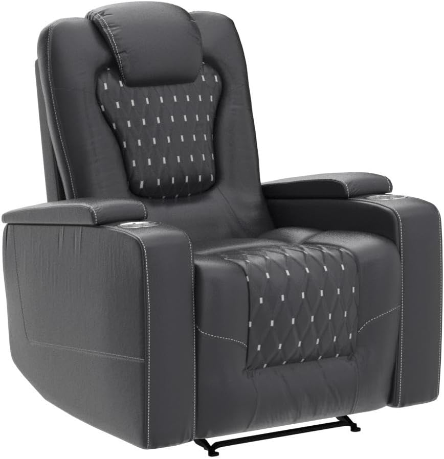 ANJ Power Recliner Chair Set of 3, Electric Soft Faux Leather Reclining Home Faux Theater Seating - USB Ports, Cup Holders, Hidden Arm Storage Movie & Media Room Chairs (Black)