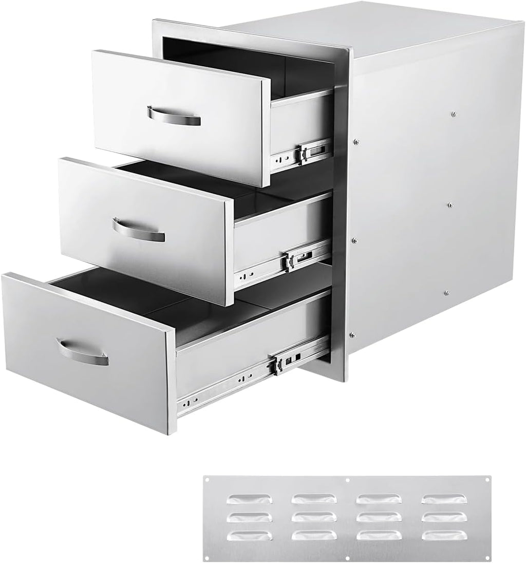 18W x 23D x 23H Inch Outdoor Kitchen Drawers Stainless Steel, Flush Mount Triple Drawers with Stainless Steel Handle, Venting Panel Weatherproof for Kitchen Island Patio, Grill Station