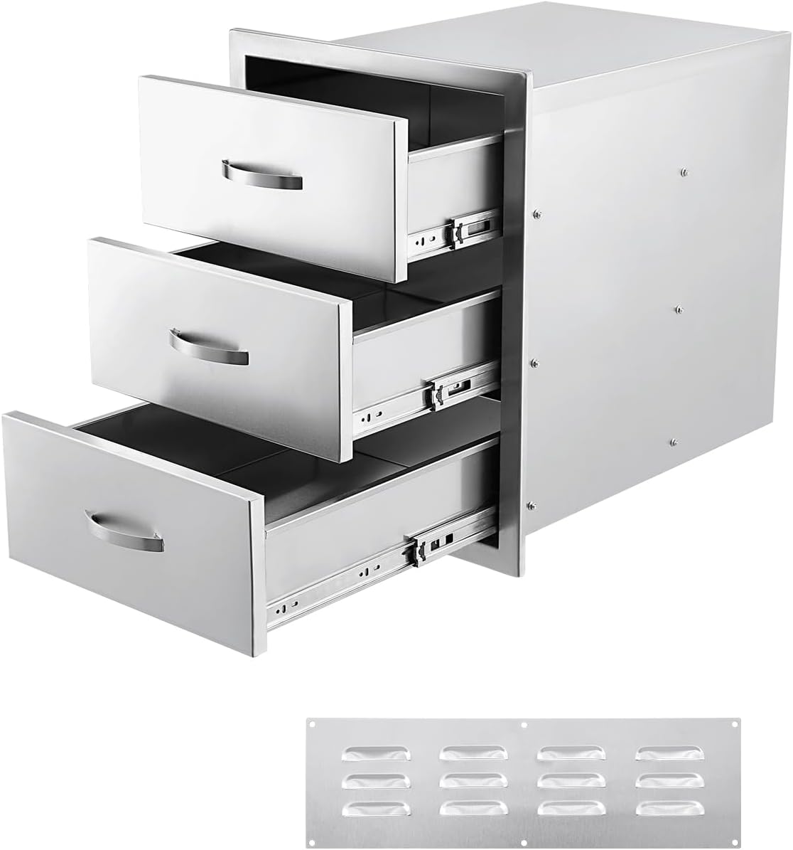 20W x 23D x 27H Inch Outdoor Kitchen Drawers Stainless Steel, Flush Mount Triple Drawers with Stainless Steel Handle, Venting Panel Weatherproof for Kitchen Island Patio, Grill Station