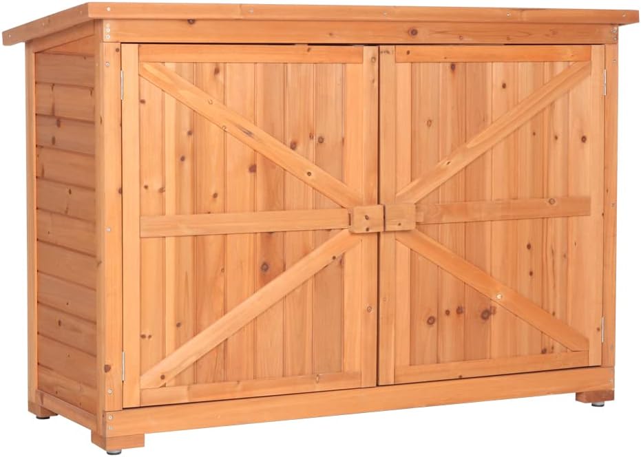 Outdoor Wooden Storage Cabinet, Wood Garden Shed, Outside Tool Shed, Vertical Organizer Cabinet with Double Doors for Outside, Garden and Yard