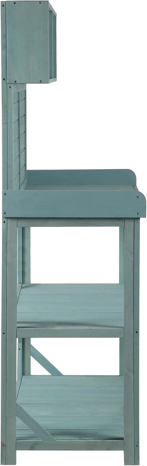 65' Large Outdoor Farmhouse Wooden Potting Bench Table, Patio Workstation with 4 Storage Shelves and Side Hook for Backyard, Mudroom Garden (Green#3, 65')