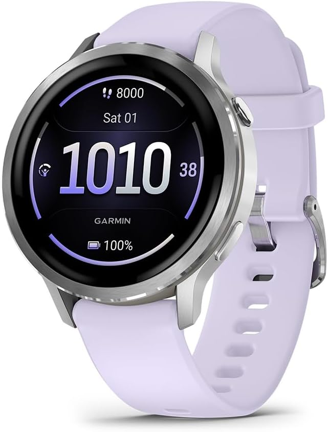 Garmin 010-03013-01 Venu 4, 41mm Health & Fitness GPS Smartwatch Silver with Periwinkle Silicone Band Bundle with Deco Essentials Exclusive 26 Month CPS Enhanced Protection Pack