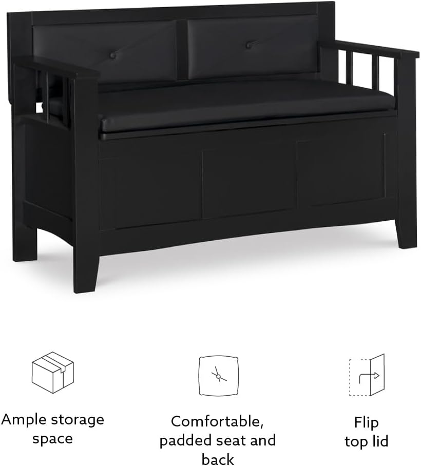 Linon Carlton Padded Bench, 44.5'W x 17'D x 30'H, Black