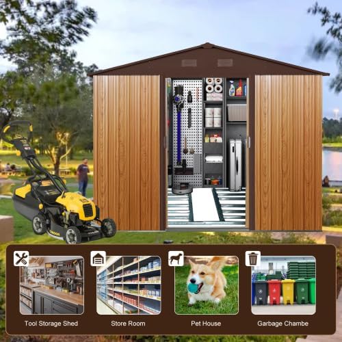 Chery Industrial 8FT x 10FT Outdoor Storage, Affordable Metal Tool Shed with Lockable Sliding Shed Door and Vents,Waterproof Galvanized Steel Sheds & Outdoor Storage for Backyard, Garden(Coffee)