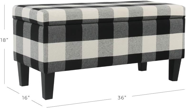 HomePop Large Upholstered Rectangular Storage Ottoman Bench with Hinged Lid, Black Buffalo Plaid