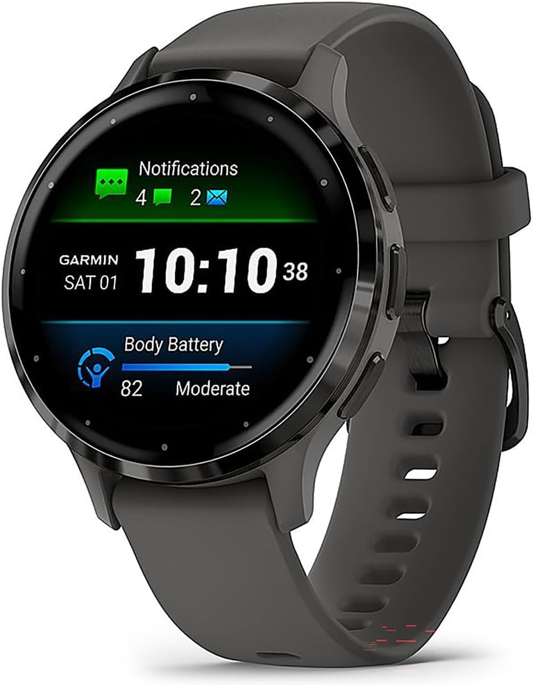 Garmin 010-02785-00 Venu 3S Health Fitness GPS Smartwatch Steel Bezel with Pebble Gray Case 41mm Bundle with Charging Dock, Silicone Dust Cover 3 Pack and USB Type C Charging and Sync Cable