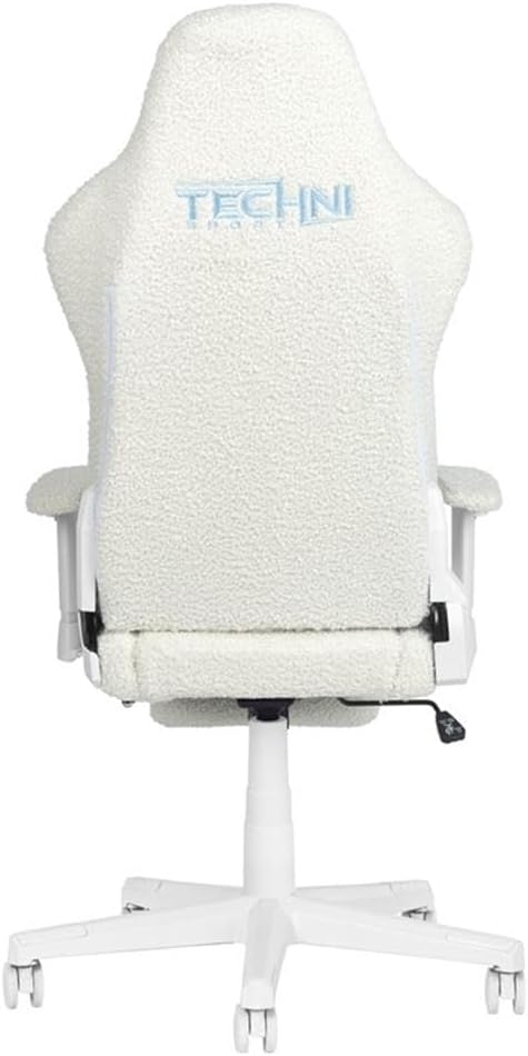 Pemberly Row Contemporary Gaming Chair, Fluffy White Bouclé Fabric, Bunny-Ear Magnetic Headrest, Blue Bow Pillow, Adjustable Footrest, Memory Foam Seat, 27.5'' W x 27'' D x 50-54'' H, Ergonomic Design