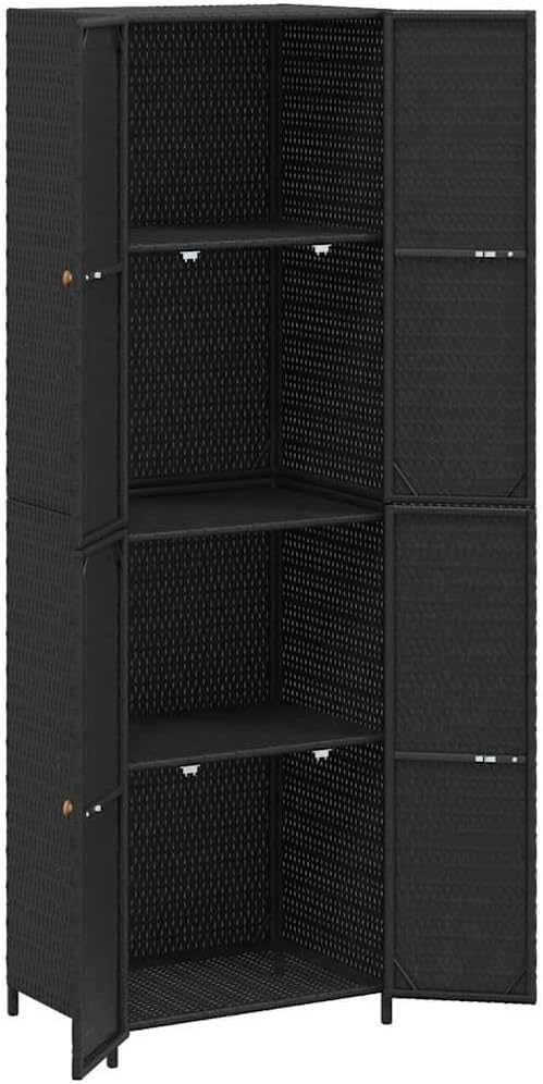 YAFF Tall Outdoor Storage Cabinet – Modern Black Woven Poly Rattan Durable Double Door Design for Garden Patio Garage Organization Weatherproof Easy Maintenance