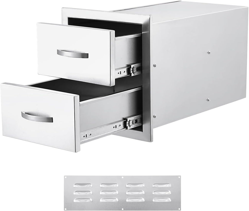 14W x 23D x 15H Inch Outdoor Kitchen Drawers Stainless Steel, Flush Mount Double Drawers with Stainless Steel Handle, Venting Panel Weatherproof for Kitchen Island Patio, Grill Station