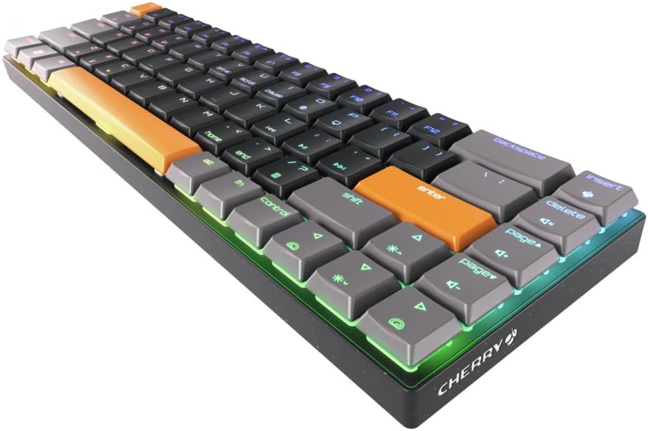 Cherry MX-LP 2.1 Compact Wireless Gaming Keyboard. RGB MX Silver Speed Switches. RGB Lighting Low-Profile MX Precision switches. 65% Size. 68 Keys. (Black & Orange)