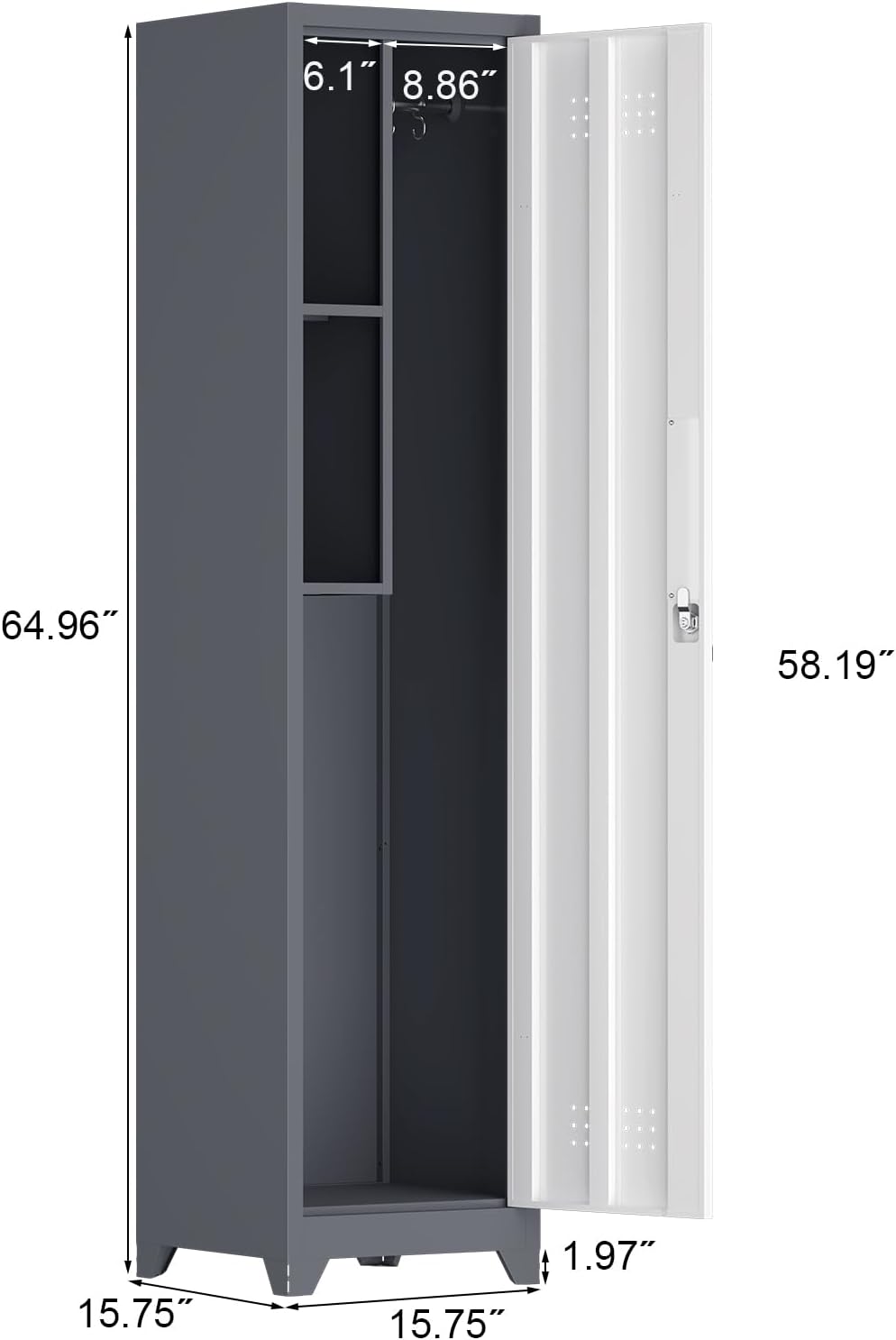 IRONFFICE Storage Cabinet,Slim Broom Closet Storage Cabinets with Lockable Doors,Narrow Utility Cabinets with Hanging Rod,Tall Broom Closet for Laundry,Home Office,Grey-White