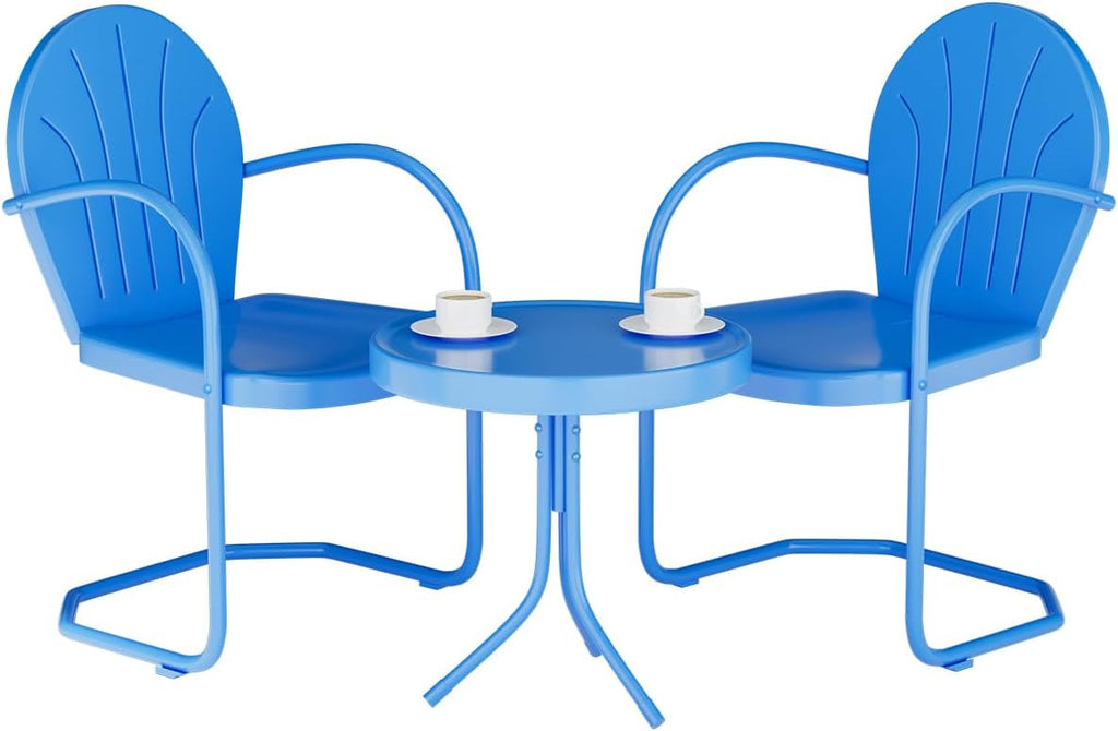 3 Pieces Patio Bistro Set, Retro Metal Outdoor Seating Conversation, 2 C-Spring Retro Metal Patio Chairs and Round Side Table, for Balcony, Yard, Garden (Blue)
