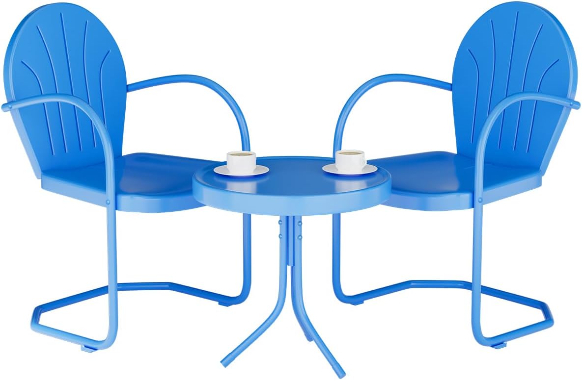 3 Pieces Patio Bistro Set, Retro Metal Outdoor Seating Conversation, 2 C-Spring Retro Metal Patio Chairs and Round Side Table, for Balcony, Yard, Garden (Blue)