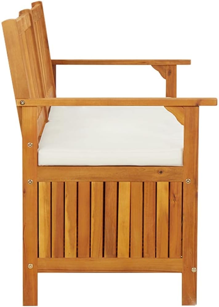 vidaXL Patio Storage Bench 58.3' - Solid Acacia Wood with Cream White Cushion - Versatile Wooden Bench for Indoor and Outdoor Use - with Ample Storage Space