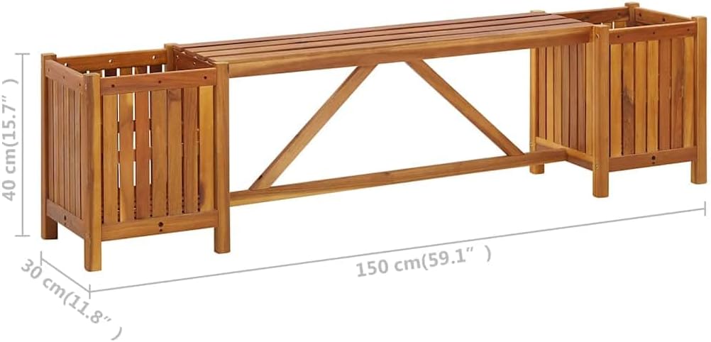 Solid Acacia Wood Patio Bench with Planters 59.1' Outdoor Furniture Garden Bench with 2 Storage Boxes for Porch Deck Backyard