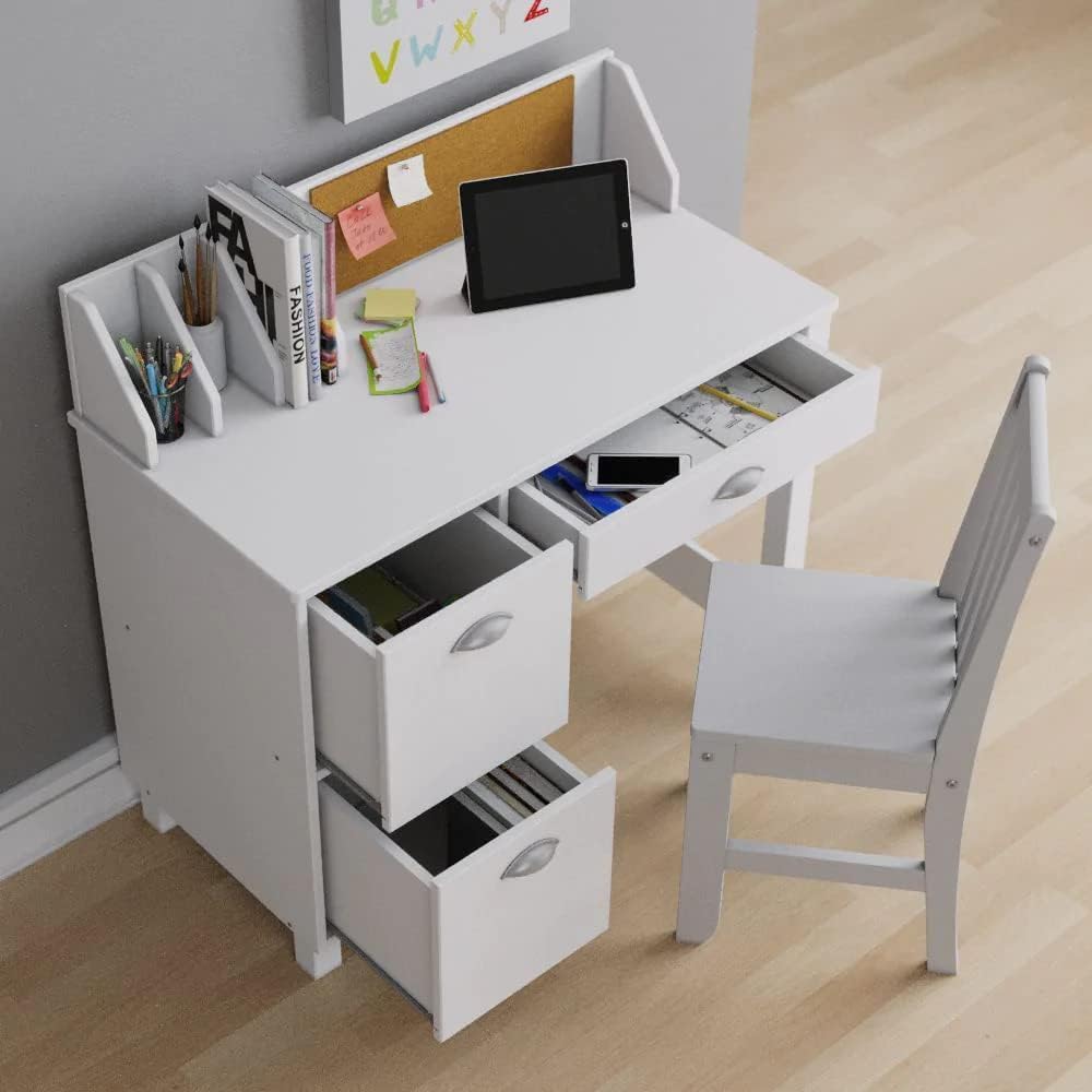 Wooden Study Desk Chair Set For Kids, Writing Desk With Storage Cabinet – Computer And Gaming Workstation Table With Drawers For Bedroom, Study Room, Homeschool (White/Rectangular)