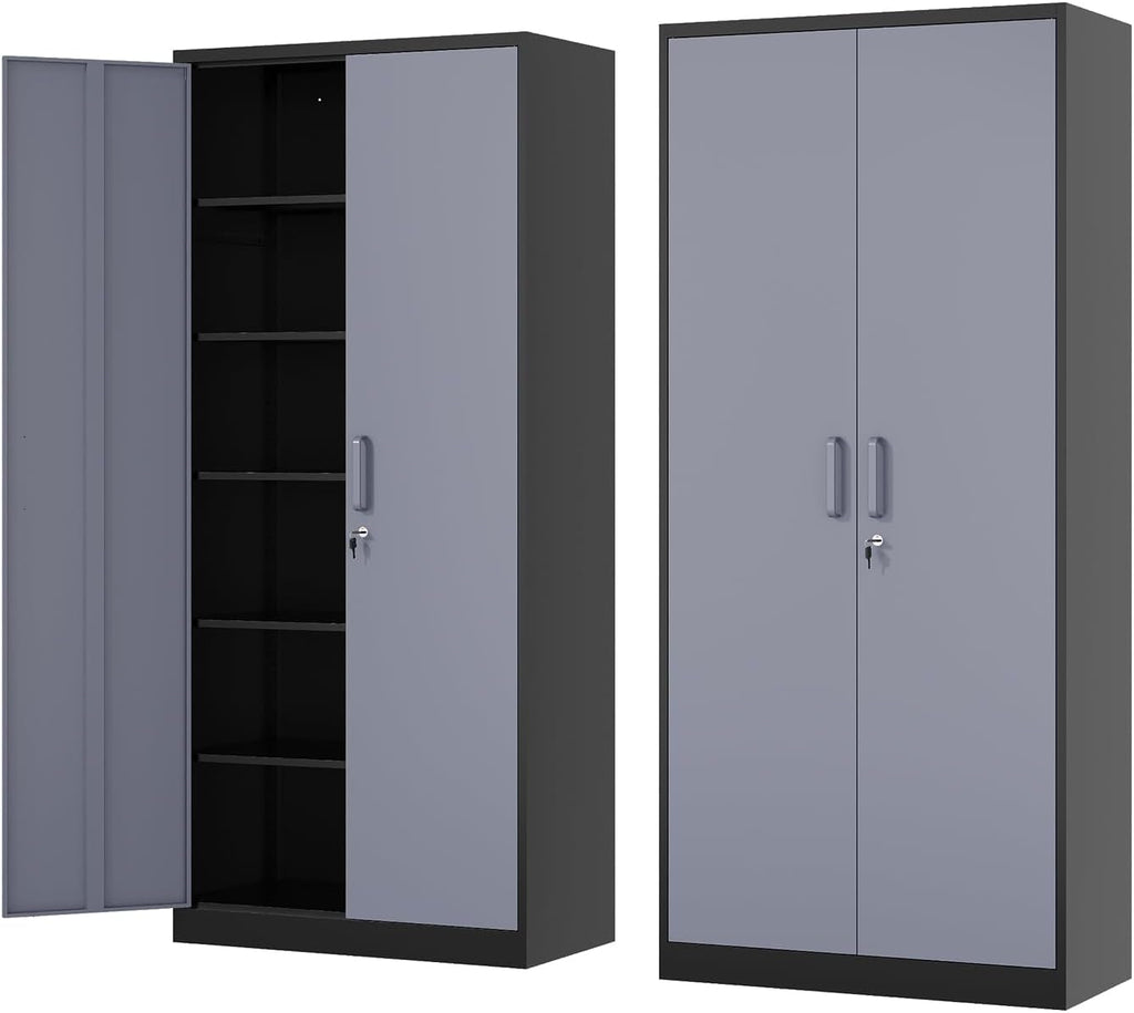 Fesbos Metal Storage Cabinet-72' Tall Steel File Cabinets with Lockable Doors and 5 Adjustable Shelves-Black&Gray Steel Storage Cabinet for Home, School, Office, Garage