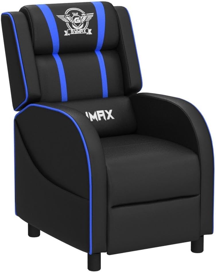 POWERSTONE Gaming Recliner Chair, Reclining Gaming Chairs for Adults Ergonomic Leather Sofa with Footrest Lumbar Support Headrest and Side Pouch for Living Room Home Theater, Blue