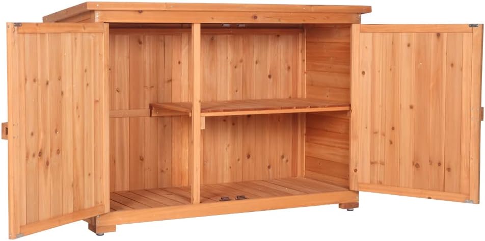 Outdoor Wooden Storage Cabinet, Wood Garden Shed, Outside Tool Shed, Vertical Organizer Cabinet with Double Doors for Outside, Garden and Yard