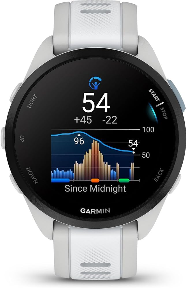 Garmin 010-02863-31 Forerunner 165 Music Smart Sport Watch, Mist Gray + Whitestone | Official USA Partner Model | Bundle with Sport Towel + Deco Essentials Wearable Commuter Front + Rear Safety Light