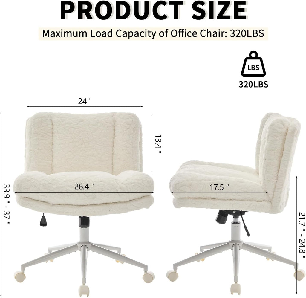 Shenyon Criss Cross Chair with Wheels, Wide Cross Legged Office Chair with 2 Layer Cushions & Back, Adjustable Swivel Home Office Chair, Comfy Faux Fur Makeup Vanity Chair for Girls Women, Cream