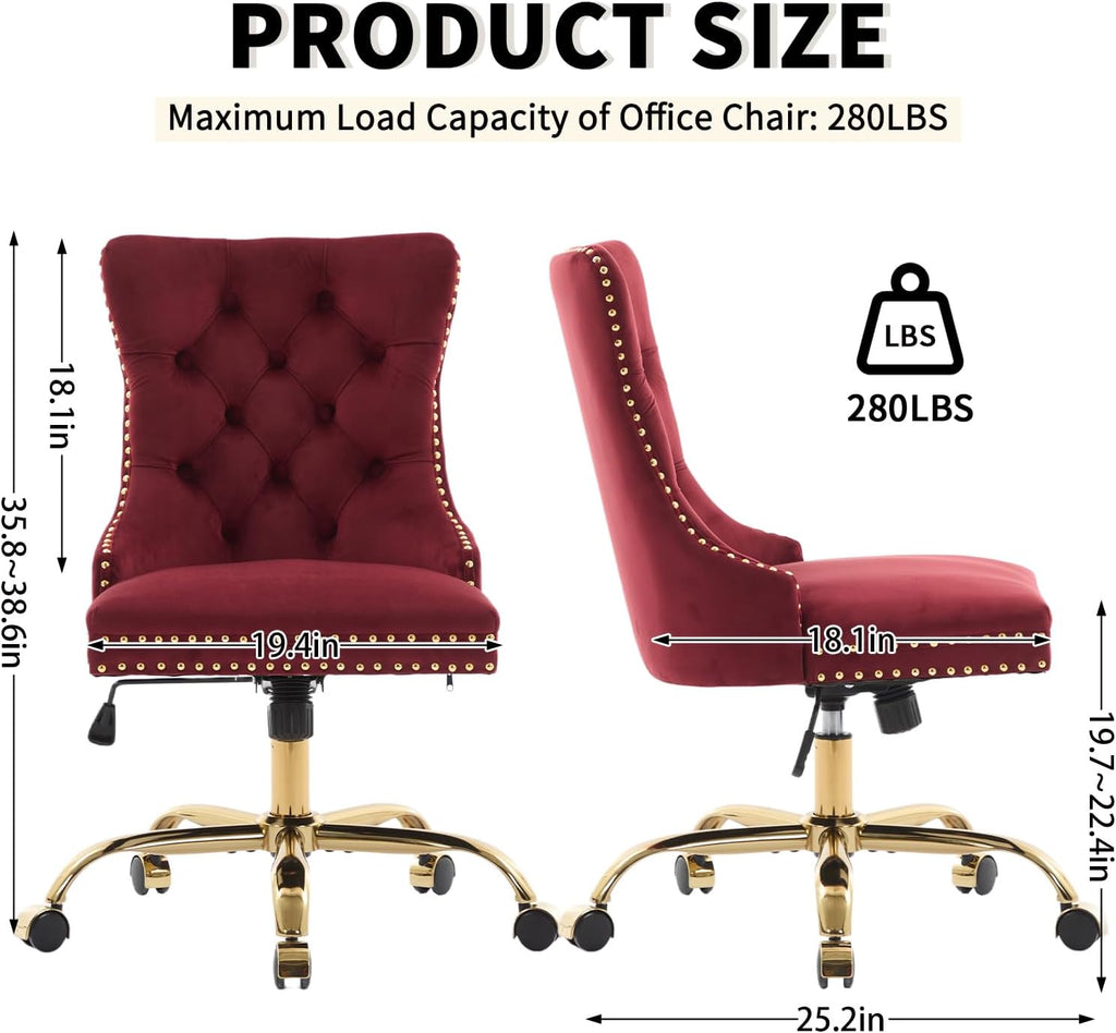 Velvet Home Office Chair with Wheels & Gold Base, Cute Makeup Vanity Chair with Tufted Back for Bedroom, Upholstered Adjustable Swivel Comfy Desk Chair for Girls Women, Burgundy