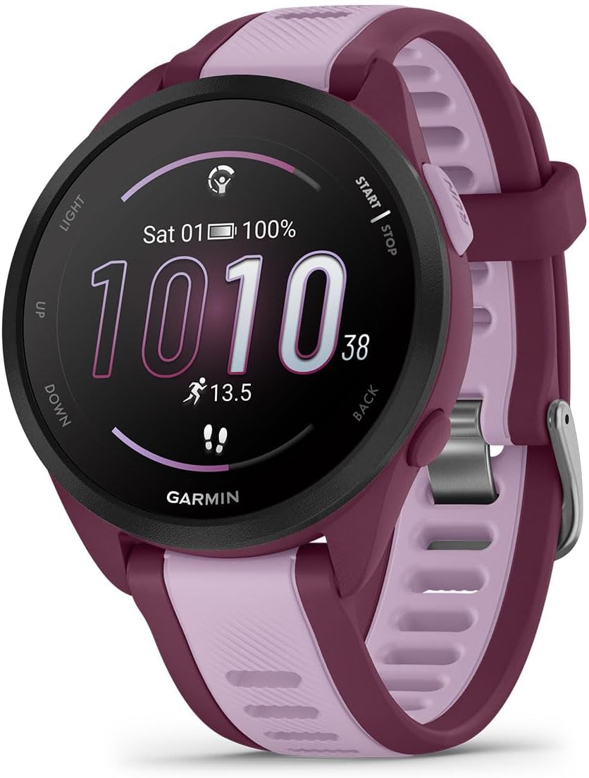 PlayBetter Garmin Forerunner 165 Music (Berry/Lilac) Running GPS Smartwatch Gift Box Bundle - AMOLED Touchscreen, 11-Day Battery, Training - Includes HD Screen Protectors, Wall Adapter & Case