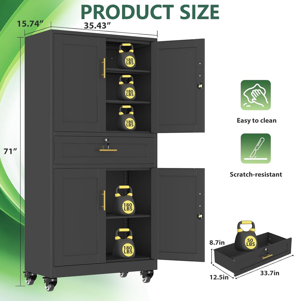 Black Metal Storage Cabinet, 71' Tall Locking Storage Cabinet with 2 Adjustable Shelves, Steel Locker Organizer, for Office, Home, School
