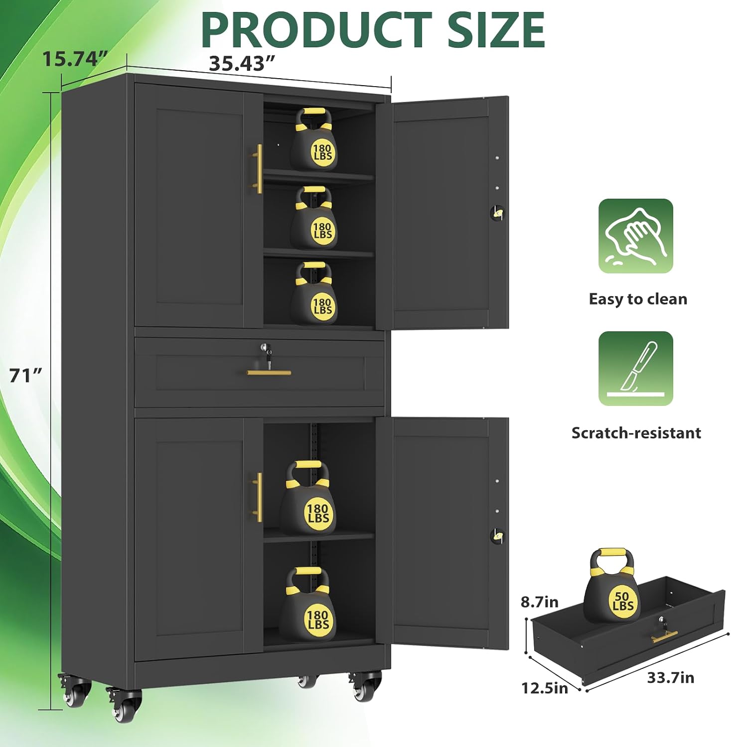Black Metal Storage Cabinet, 71' Tall Locking Storage Cabinet with 2 Adjustable Shelves, Steel Locker Organizer, for Office, Home, School
