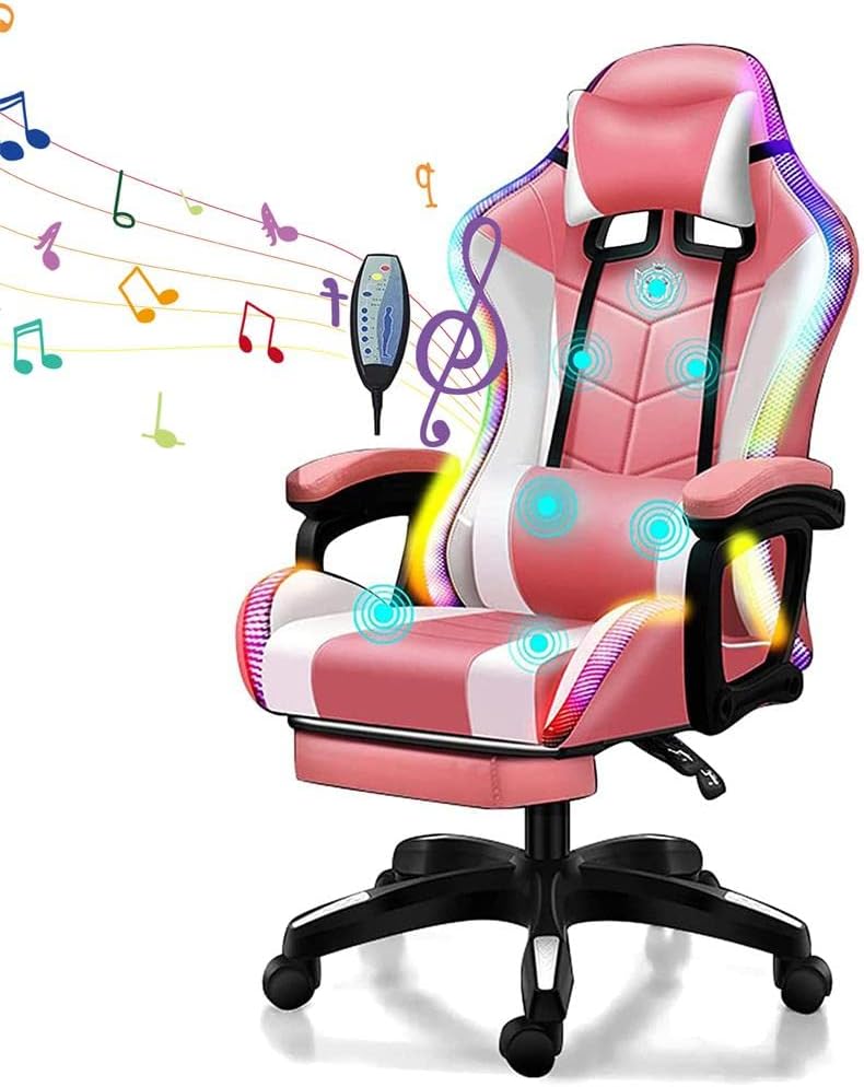 Video Gaming Chairs with LED Light, Ergonomic Gaming Chair with Massage Lumbar Support and Bluetooth Speakers, Computer Chair with Retractible Footrest and Backrest Adjustable,Pink