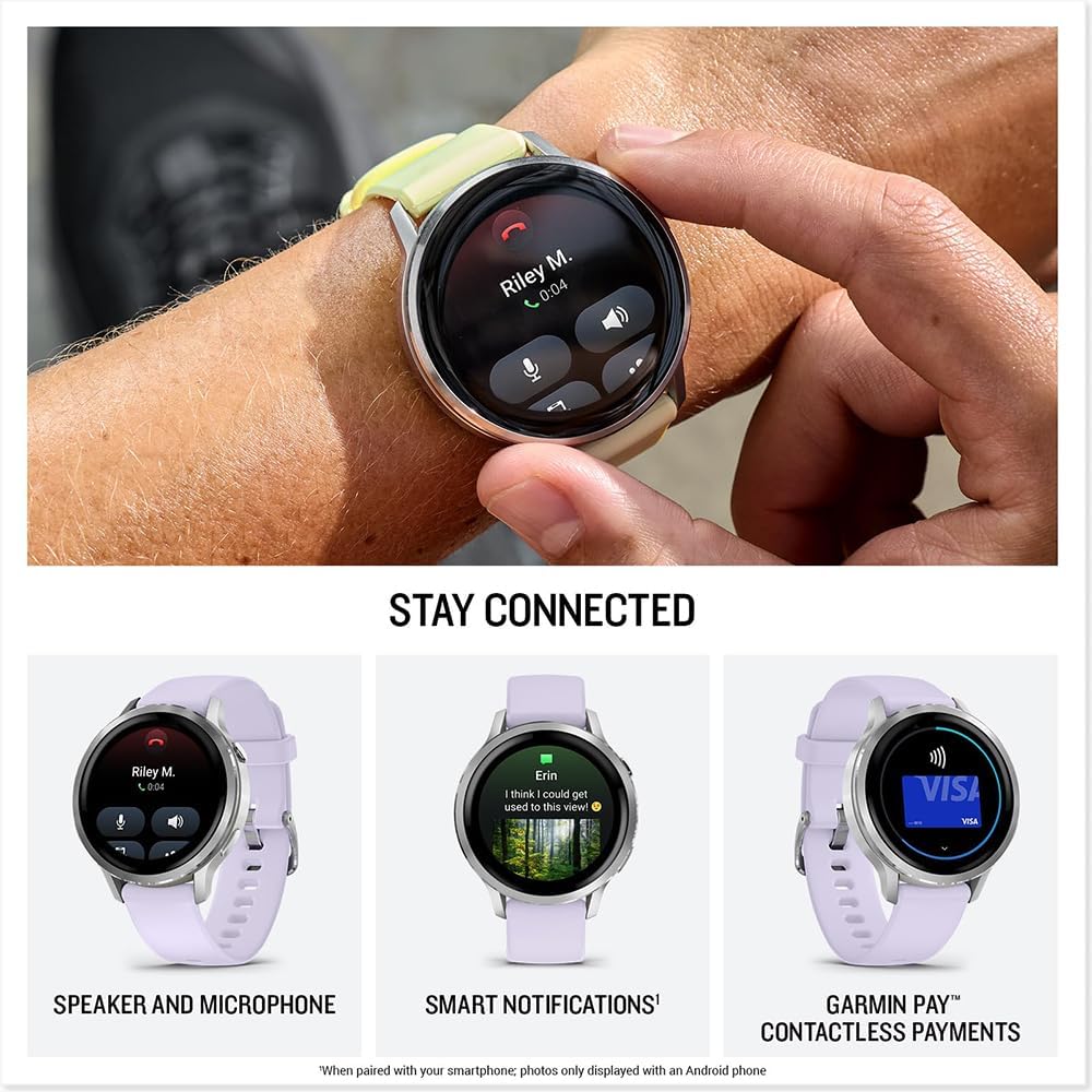 Garmin 010-03013-01 Venu 4, 41mm Health & Fitness GPS Smartwatch Silver with Periwinkle Silicone Band Bundle with Deco Essentials Exclusive 26 Month CPS Enhanced Protection Pack