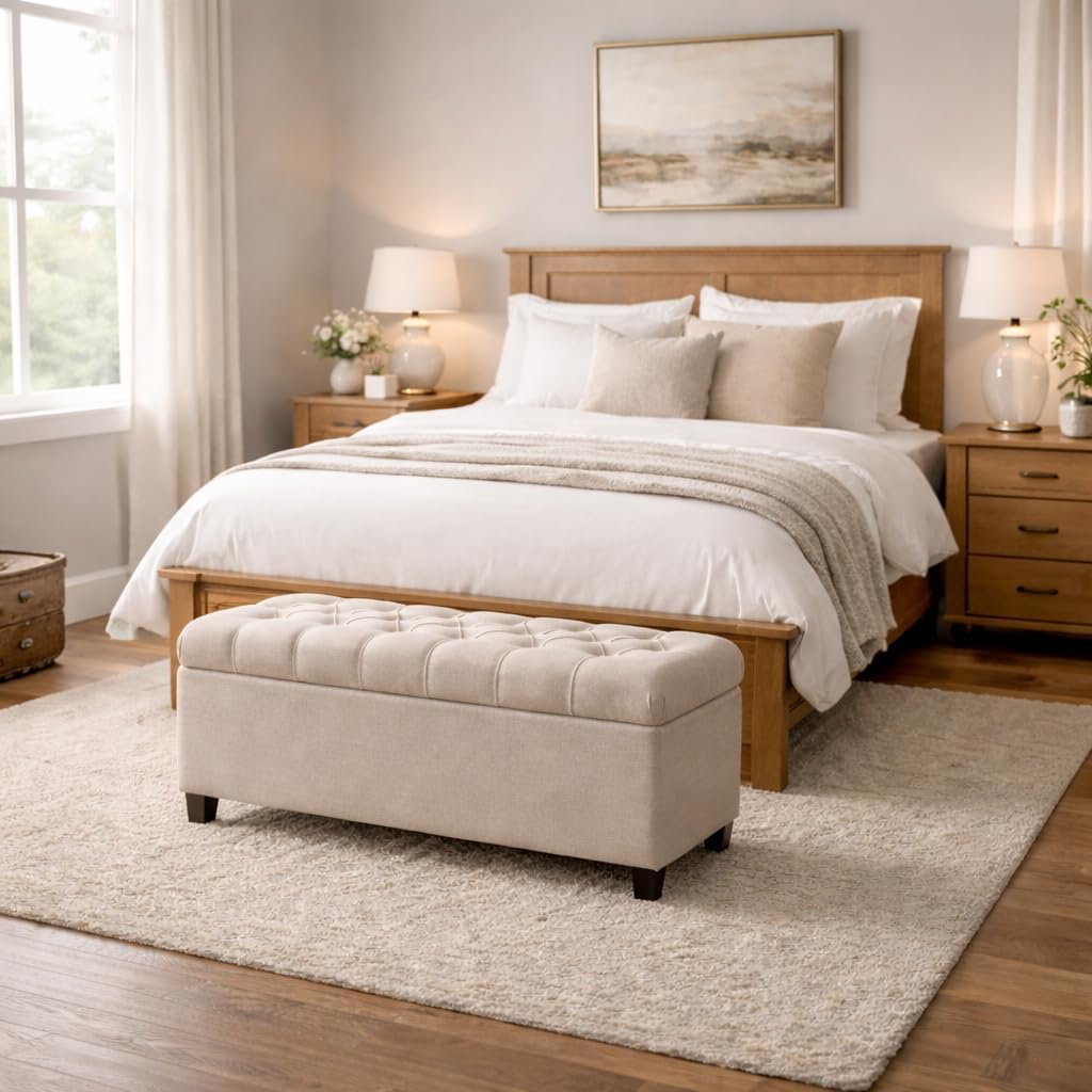 Homepop Home Decor | Tufted Ainsley Button Storage Ottoman Bench with Hinged Lid | Ottoman Bench with Storage for Living Room & Bedroom, Tan