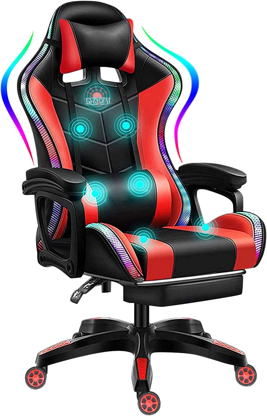 Gaming Chair with LED RGB Lights with Massage and Footrest Ergonomic Computer Chair High Back Video Game Chair with Adjustable Lumbar Support Linkage Armrest,Red