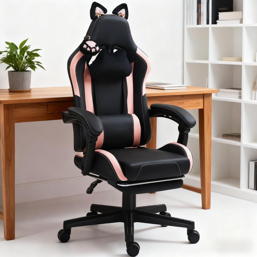 Pink Gaming Chair with Cute Cat Ears Comfy Ergonomic Computer Chair with Footrest and Headrest, Video Game Chairs for Girls, Adult, Teen, Height Adjustable, Lumbar Support (Pink Black)