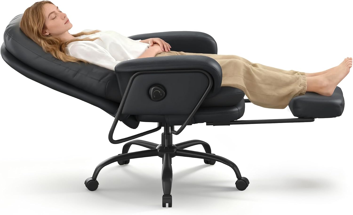 FLEXISPOT Ergonomic Office Chair with Footrest 90-165° Reclining High Back Desk Chairs Indoor Lounge Chair with Wheels Lumbar Support Pillow, Chairs for Working Relaxing Cross Legged, Leather, Black