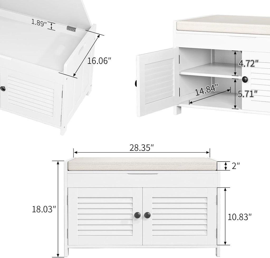 WARMHONIU Shoe Storage Bench with Lift Top Storage, Entryway Bench with Cushioned Seat, Adjustable Shelf, 2 Tier Shoe Rack with Doors for Entryway, Bedroom, Hallway, Mudroom, White