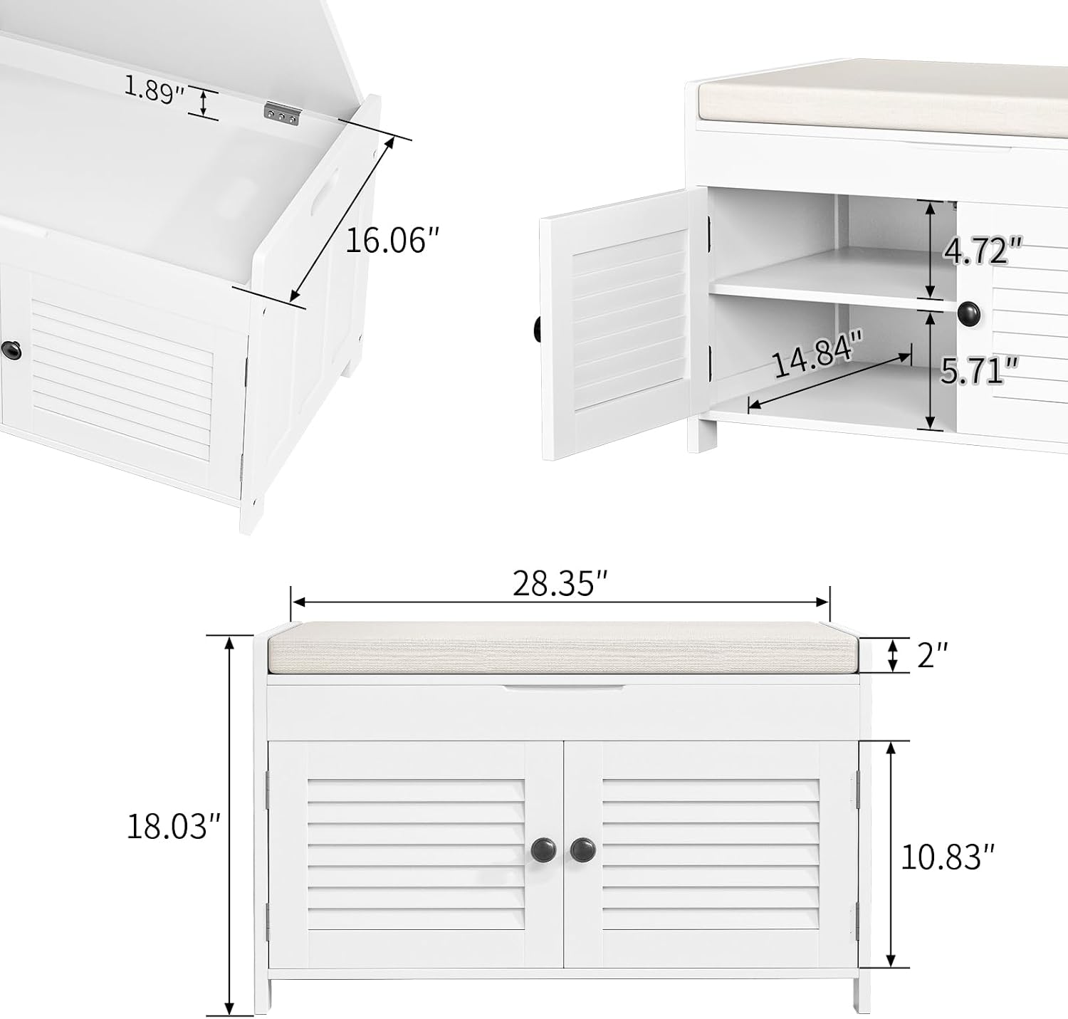 WARMHONIU Shoe Storage Bench with Lift Top Storage, Entryway Bench with Cushioned Seat, Adjustable Shelf, 2 Tier Shoe Rack with Doors for Entryway, Bedroom, Hallway, Mudroom, White