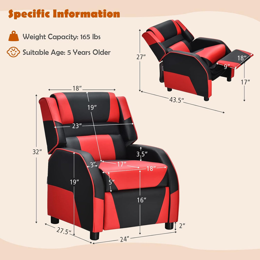 COSTWAY Kids Recliner Sofa, Toddler Leather Recliner with Adjustable Footrest & Headrest, Gaming Reclining Chair for Boys Girls Aged 3 Years Up, Kid-Sized Lounge Chair for Living Room (Red)