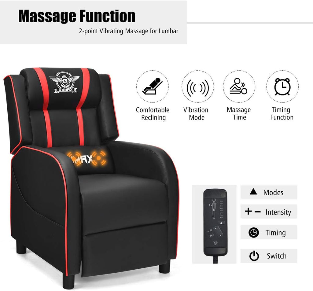 POWERSTONE Gaming Recliner Chair, Reclining Gaming Chairs for Adults Ergonomic Leather Sofa with Footrest Lumbar Support Headrest and Side Pouch for Living Room Home Theater, Red