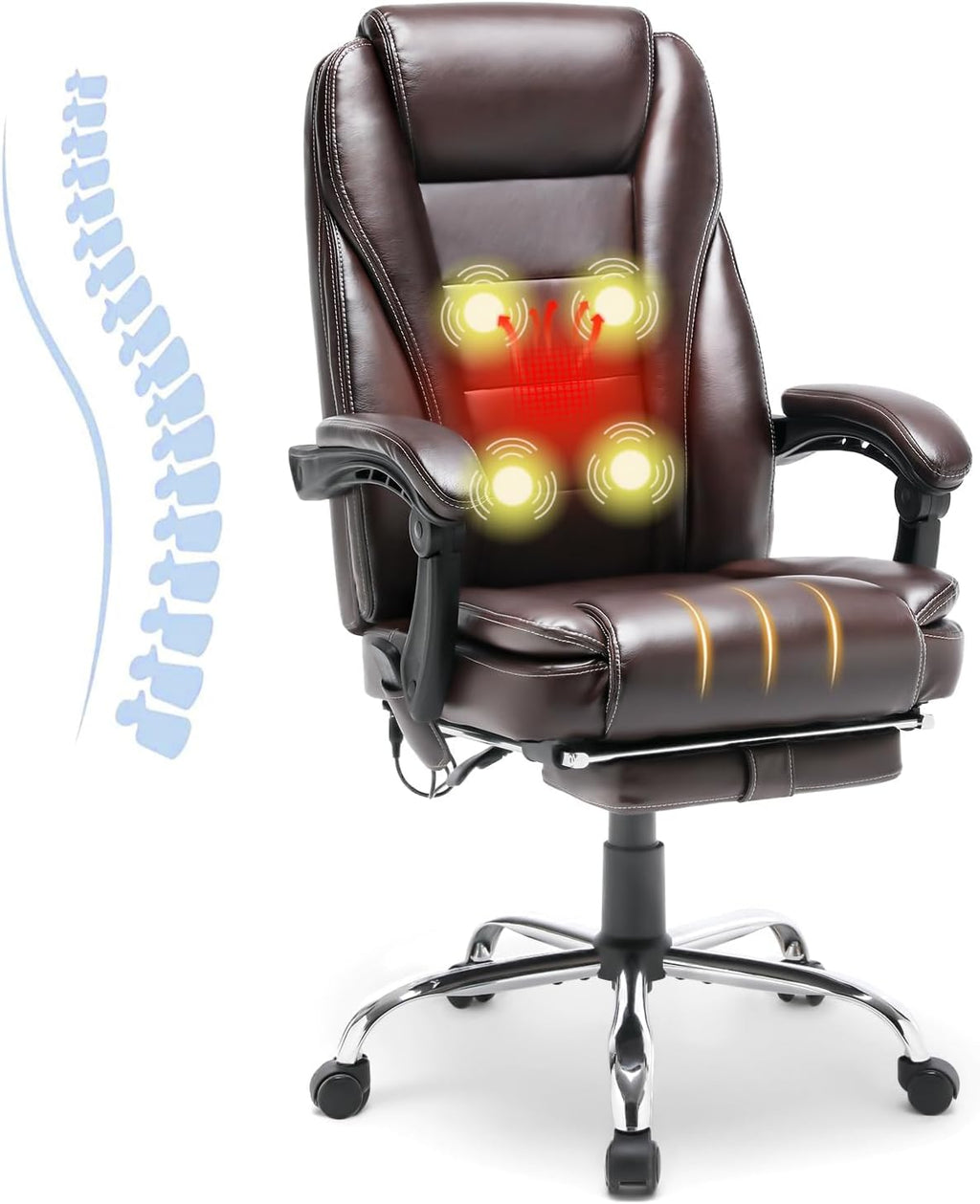 HOMREST 4-Point Massage Reclining Office Chair, Leather Heating Executive Chair, Ergonomic Home Office Desk Chair with Retractable Footrest,Computer Chair for Home Office, Study, Gaming (Brown)