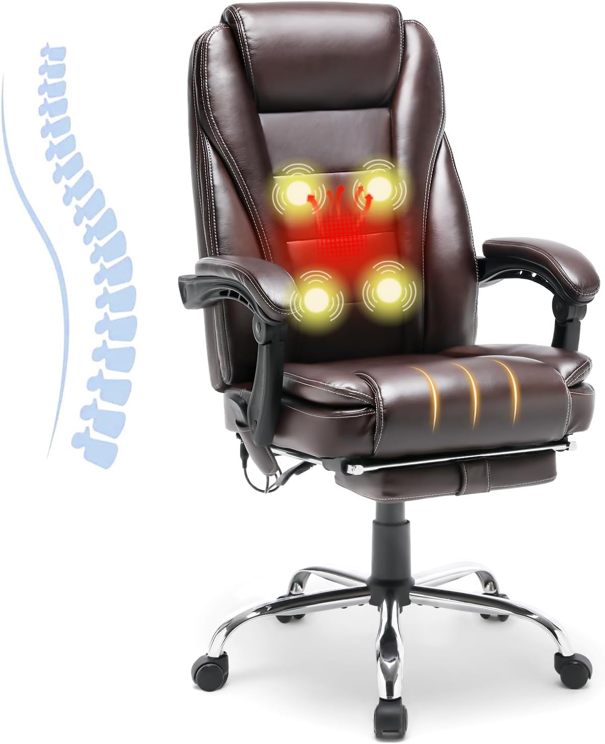 HOMREST 4-Point Massage Reclining Office Chair, Leather Heating Executive Chair, Ergonomic Home Office Desk Chair with Retractable Footrest,Computer Chair for Home Office, Study, Gaming (Brown)