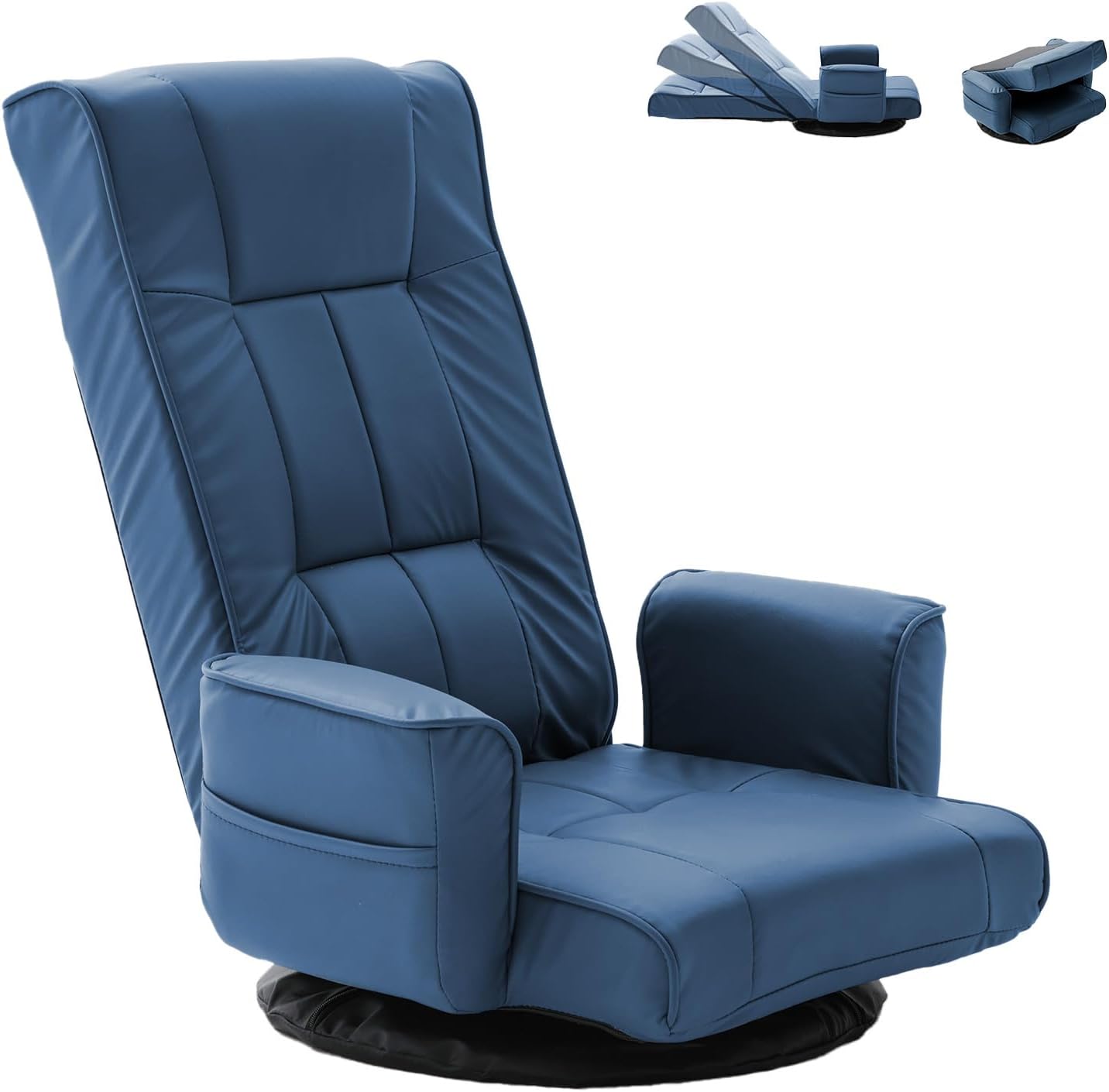 360° Swivel Floor Chair with Armrests, 14-Position Adjustable Floor Lounger for Adults, Folding Padded Floor Seat with Backrest for Gaming, Reading & Living Room (Blue)