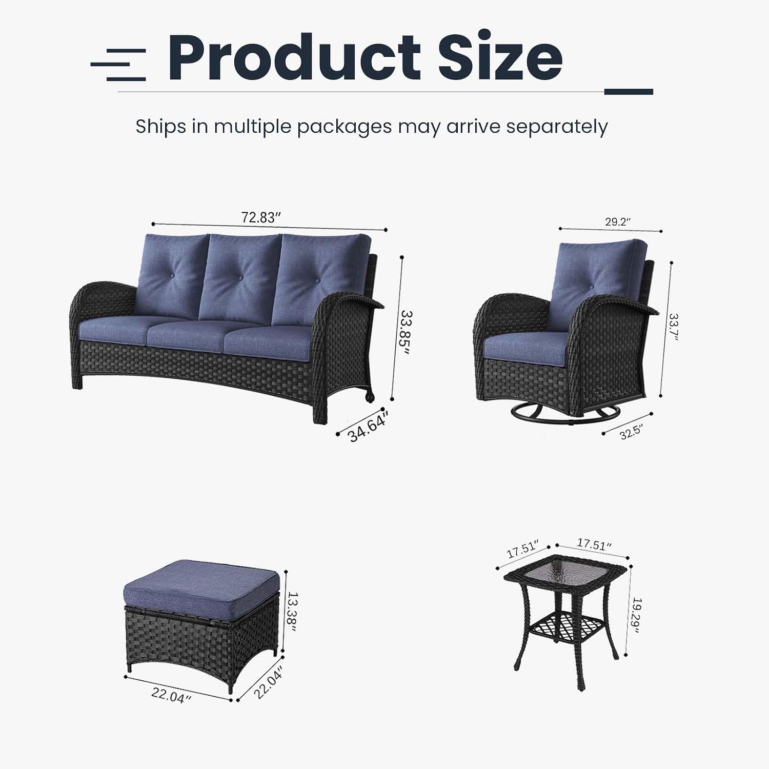 6 Pieces Patio Furniture Sets, Wicker Rattan High Back Outdoor Swivel Rocking Chairs Set with 3-Seat Couch, Ottomans and Side Table