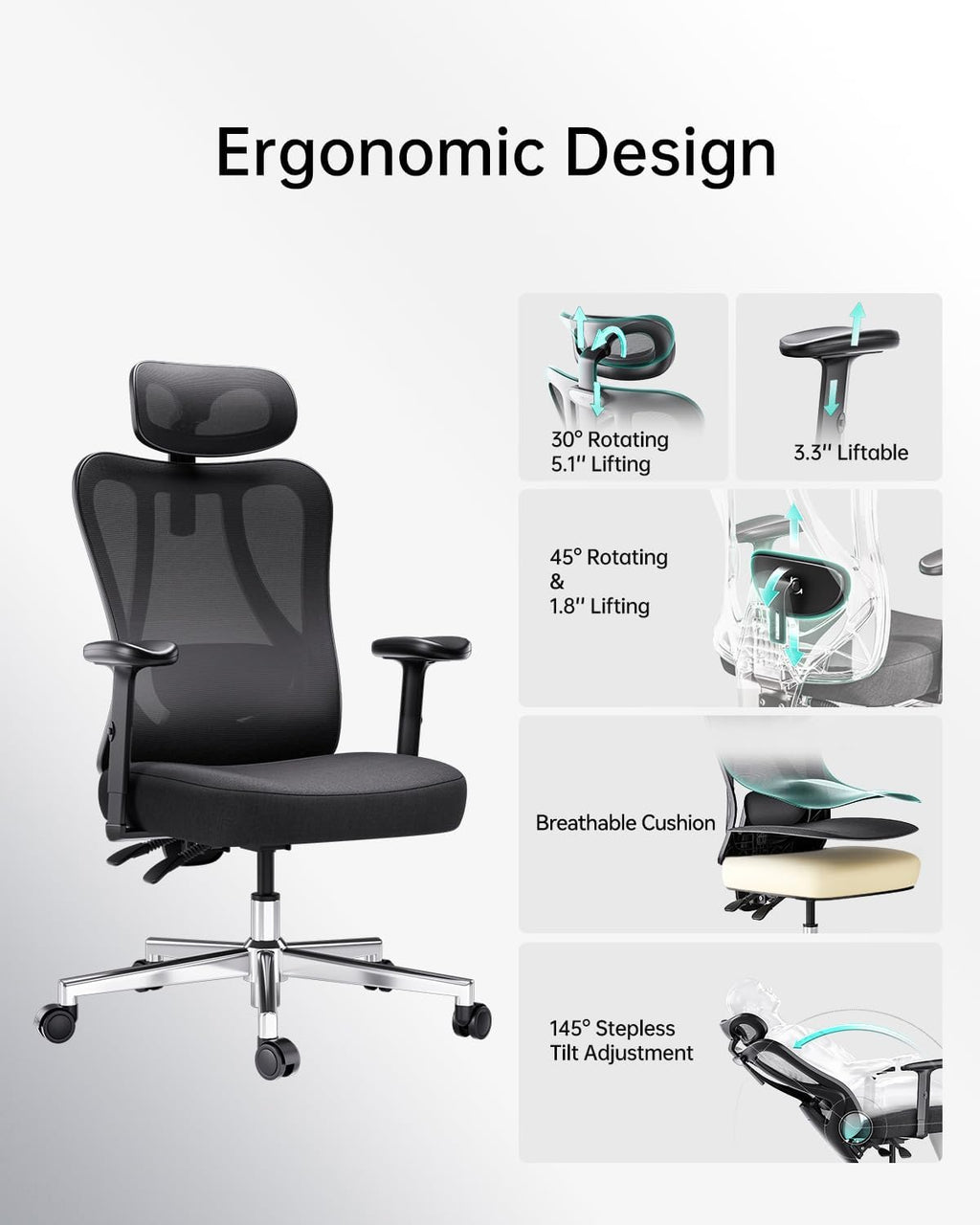 Hbada P3 Ergonnomic Office Chair with 2D Adjustable Lumbar Support, Office Chairs with Adjustable Headrest and Armrest, 145° Stepless Tilt Function, Black(No Footrest)