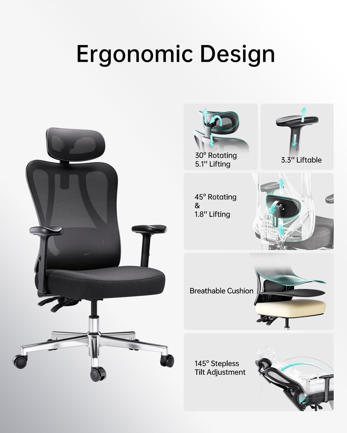Hbada P3 Ergonnomic Office Chair with 2D Adjustable Lumbar Support, Office Chairs with Adjustable Headrest and Armrest, 145° Stepless Tilt Function, Black(No Footrest)