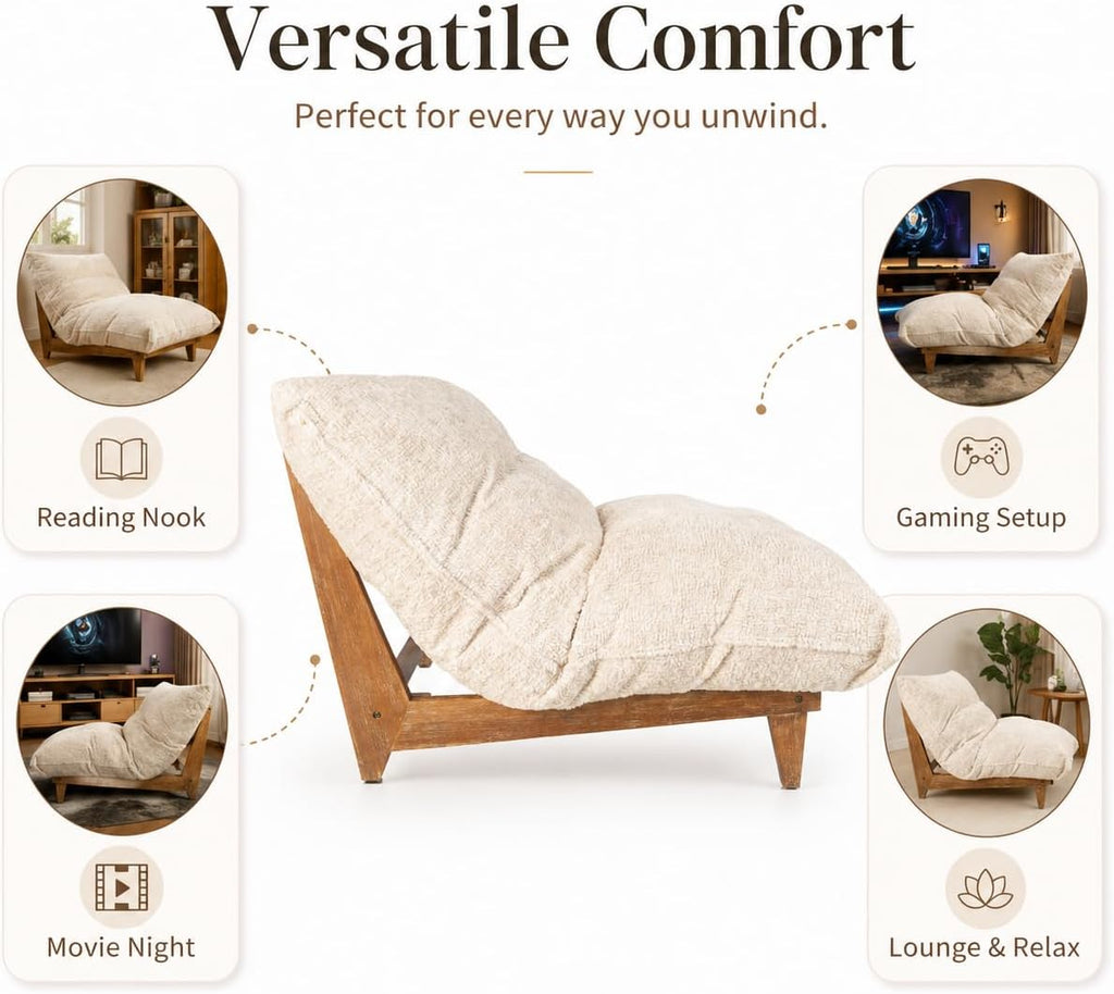 DESIGN 59 Giant Bean Bag Chair, Oversized Bean Bag Couch for Adults and Kids, Faux Fur Large Chair with Filler, Acacia Wood Frame, Accent Sofa Lounge Floor Sofa for Gaming, Reading, Beige