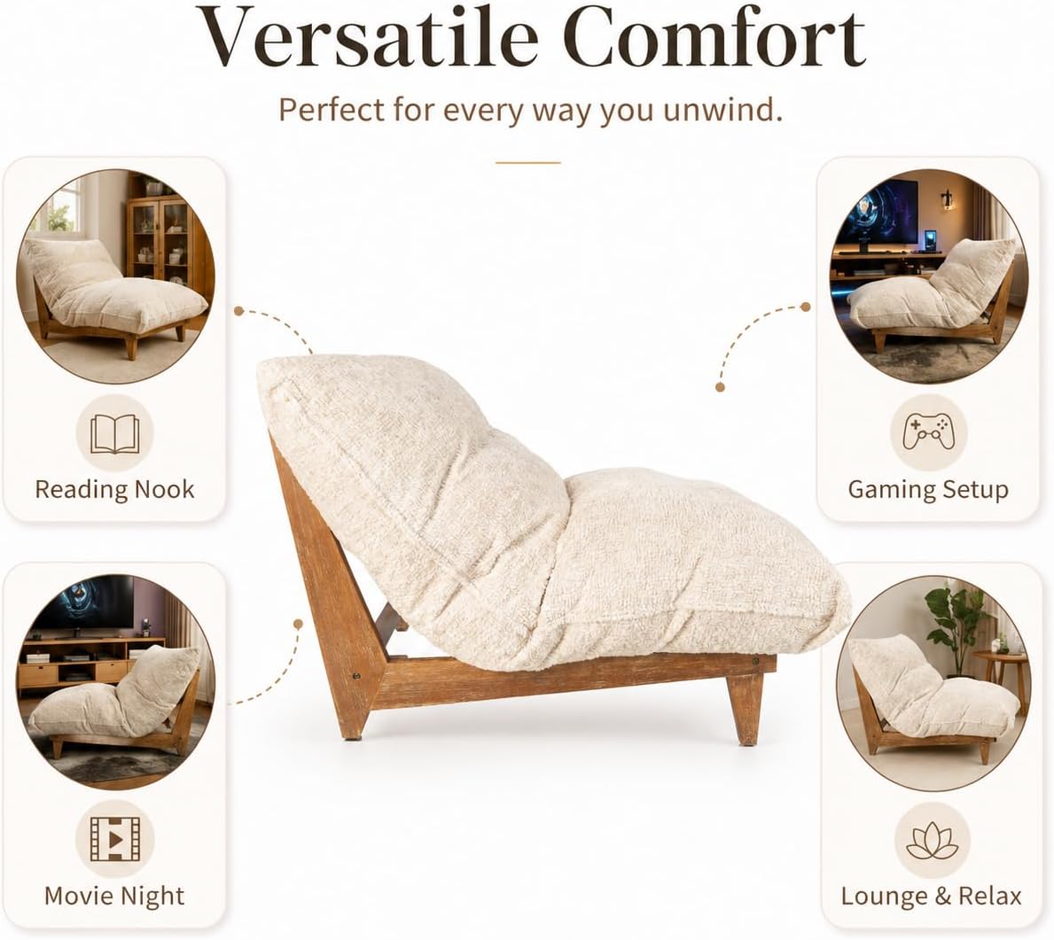 DESIGN 59 Giant Bean Bag Chair, Oversized Bean Bag Couch for Adults and Kids, Faux Fur Large Chair with Filler, Acacia Wood Frame, Accent Sofa Lounge Floor Sofa for Gaming, Reading, Beige